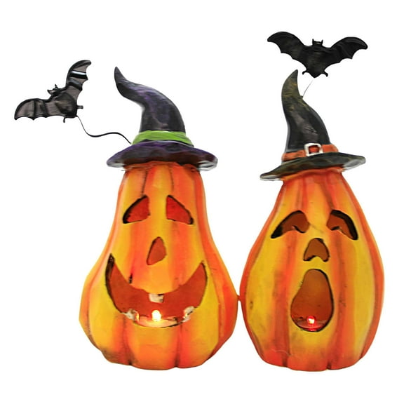 Transpac 5.25In Pumpkins With Hat Figurine, Polyresin, Lighted Battery Operated Bats R0136