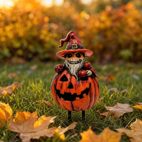 Halloween Pumpkin Wizard Yard Stake, 2D PVC Ground Sign with Metal Stake