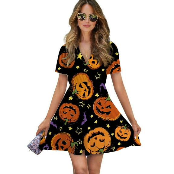 Halloween Pumpkin Women Dress V-Neck Short Sleeve Flowy Swing Party Midi Dress