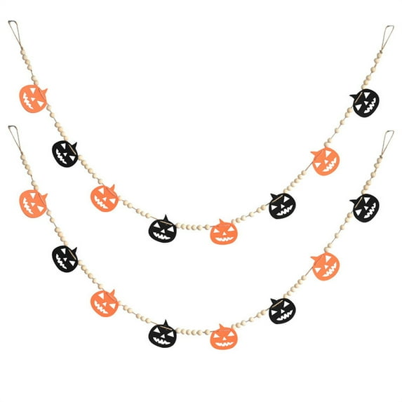 Halloween Pumpkin Wooden-Beads Rope Bunting Signs, Indoor/Outdoor Hanging Banners Party Decor