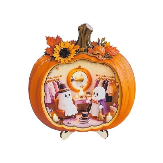Halloween Pumpkin Wooden Display Stand 14 Inch Tabletop Decoration, Tool-Free Triangular Support Creates Stable Seasonal Accent, Halloween Party Decor for Home Store Shelf Mantel Counter