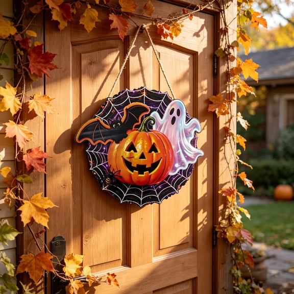Halloween Pumpkin Wooden Sign, Fall Door Hanger With Rustic Welcome Design Easy Hanging Construction And Seasonal Decorative Appeal, For Front Doors Porches Entryways And Farmhouse Fall Decorations