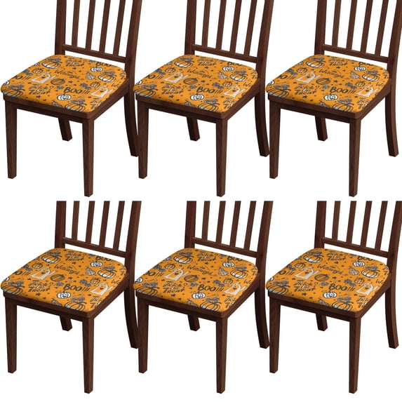 Halloween Pumpkin Words Seat Covers for Dining Room Chairs Set Of 6,Stretch Printed Washable Chair Seat Cover with Elastic Ties and Button,Removable Waterproof Couch Cushion Covers