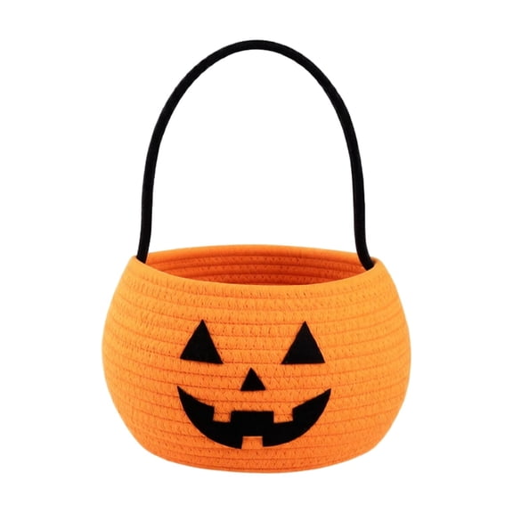 Halloween Pumpkin Woven Basket, Cotton Rope Storage Organizer Basket with Handles for Candy Toy Closet Desktop Decoration