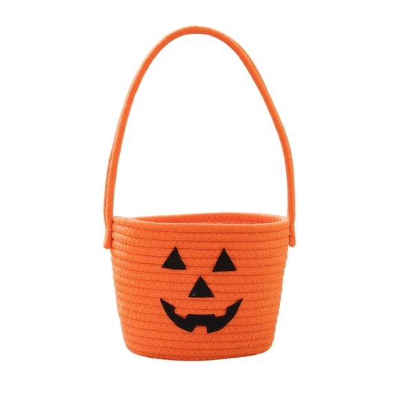Halloween Pumpkin Woven Basket, Decorative Cotton Rope Storage Bin for Shelf, Portable Holiday Candy Container with Handle, Spooky Desktop Sundries Organizing Tray for Table Centerpieces