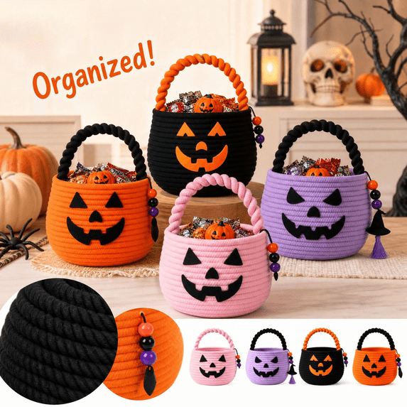 Halloween Pumpkin Woven Storage Basket, Cotton Rope Organizer Bin with Handle for Toilet Tank Top Bathroom Countertop Candy Storage