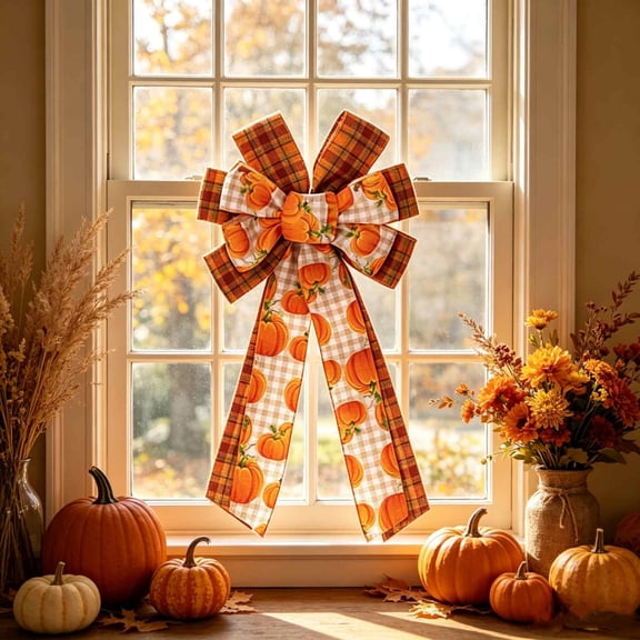 Halloween Pumpkin Wreath Bow, Faux Ribbon Ornament, Thanksgiving Fall Door Decor, Large Velvet Bow for Wreath & Tree, Rustic Harvest Decoration Accent​, B