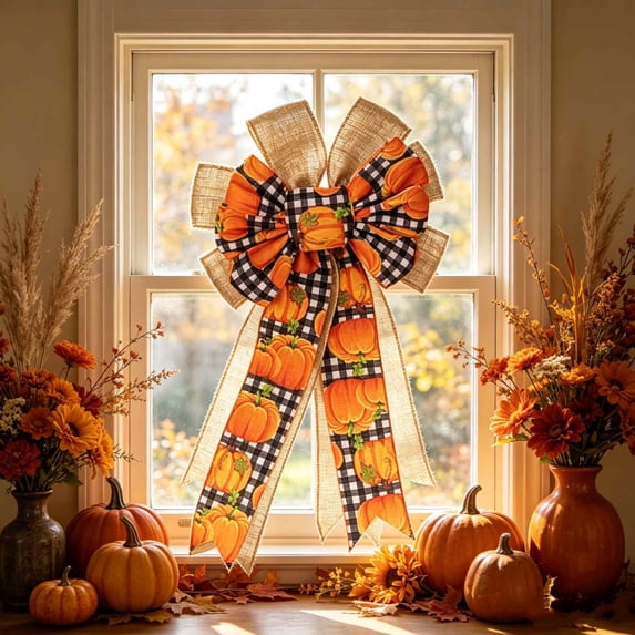 Halloween Pumpkin Wreath Bow, Faux Ribbon Ornament, Thanksgiving Fall Door Decor, Large Velvet Bow for Wreath & Tree, Rustic Harvest Decoration Accent, A