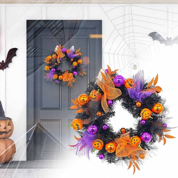 Halloween Pumpkin Wreath for Front Door, 2025 Black Pumpkin Wreaths with Feather and Maple Leaves Artificial Pumpkin Face Wreath Halloween Decoration Pendant Home Decor
