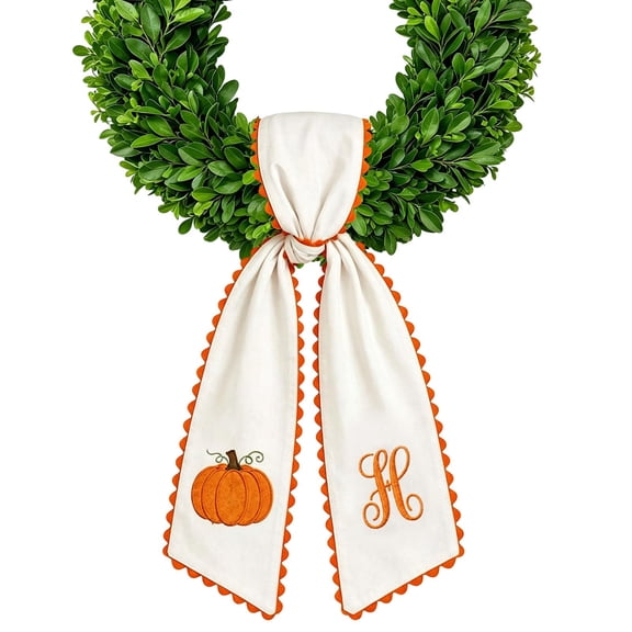 Halloween Pumpkin Wreath Sash Fall Front Door Orange Bow Decor Soft Cotton Feel Fabric Raised Embroidery Scalloped Trim Seasonal Accent Initials