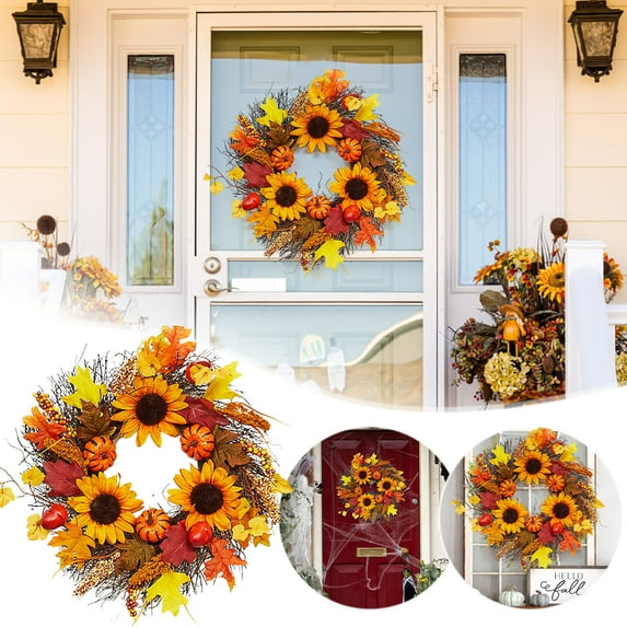 Halloween Pumpkin Wreath for Front Door, Pumpkin Wreath Maple Leaves and Sunflowers Wreath, Holiday Party Front Door Decoration Outdoor Wreaths