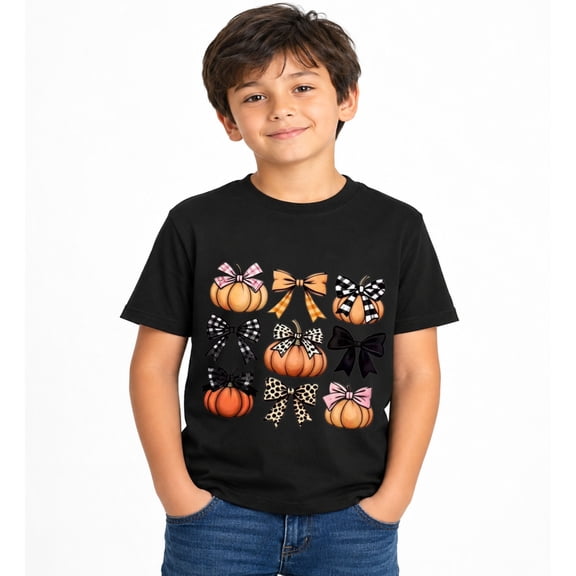 Halloween Pumpkin and Bow Pattern Graphic T-Shirt for Boys, Fun Spooky Short Sleeve Shirt for Fall