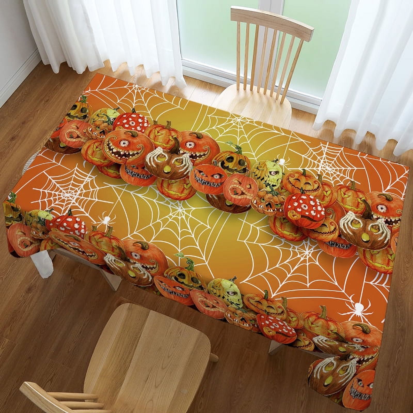 Halloween Pumpkin and Cobweb Pattern Kitchen Rectangle Tablecloth for