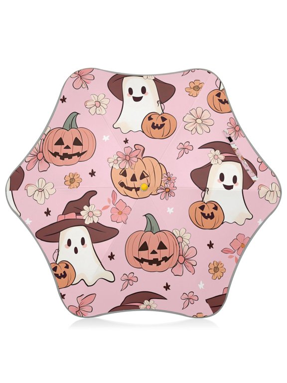 Halloween Pumpkin and Ghost Kids Umbrella Rain Umbrella Clear Grip Handle Folding Umbrellas UV50+ 35in
