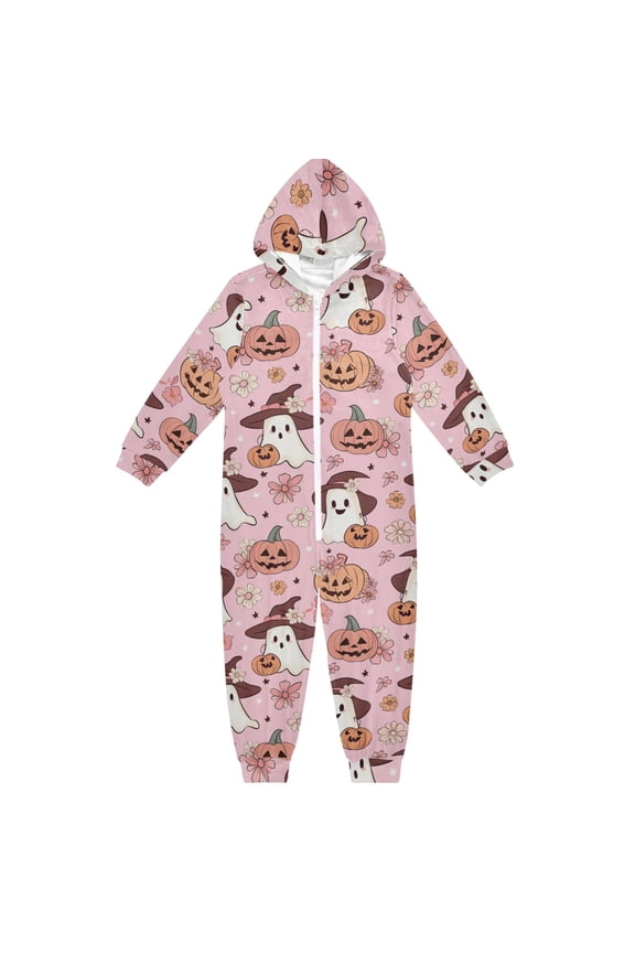 Halloween Pumpkin and Ghost One Piece Pajamas Soft Jumpsuit Cozy Sleep and Play Romper Zipper and Pockets 4T