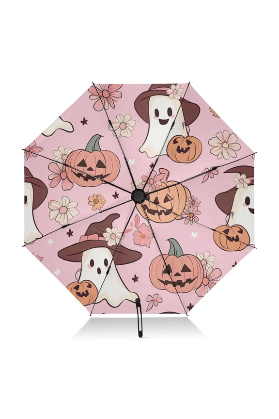 Halloween Pumpkin and Ghost Umbrella Folding Sun Umbrella Travel Auto Open Close Large UV50+ 40in