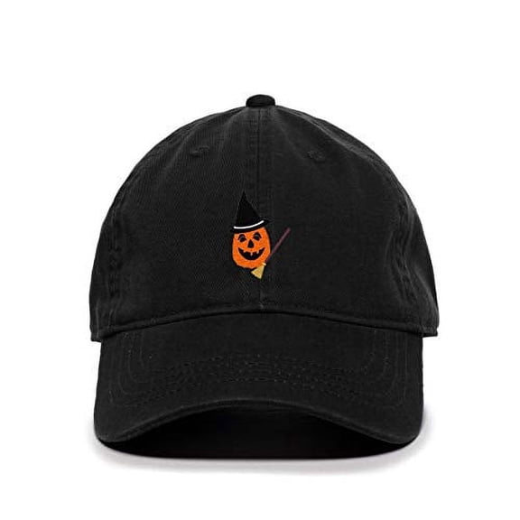 Halloween Pumpkin with Broom Baseball Cap Embroidered Cotton Adjustable Dad Hat Black