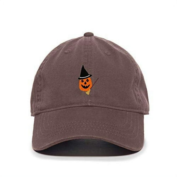 Halloween Pumpkin with Broom Baseball Cap Embroidered Cotton Adjustable Dad Hat Brown