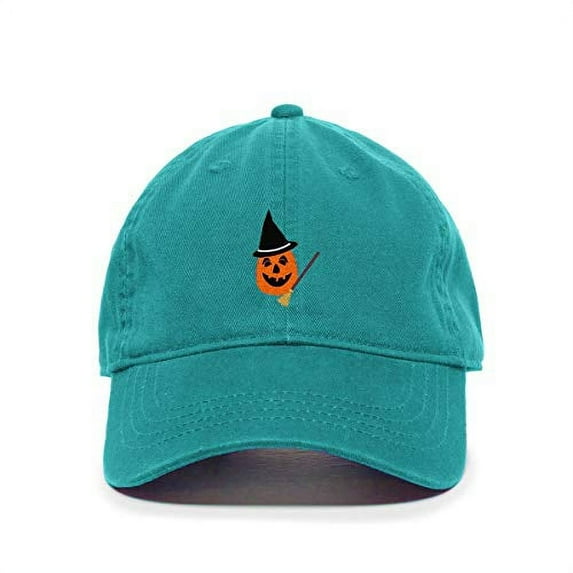 Halloween Pumpkin with Broom Baseball Cap Embroidered Cotton Adjustable Dad Hat Teal