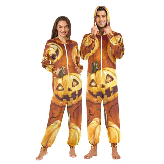 Halloween Pumpkins Adult Onesie Pajamas Slim Fit Christmas One Piece Suit Pjs for Women and Men Hooded Zipper