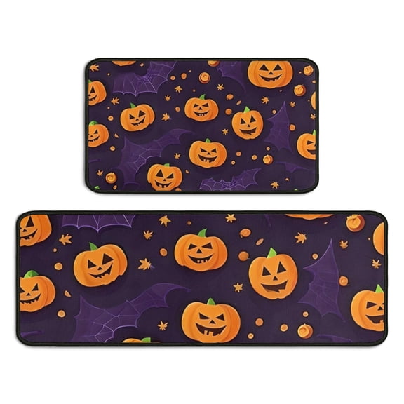 Halloween Pumpkins and Bat Webs Kitchen Rugs Sets Of 2,Anti Fatigue Kitchen Mat Rugs Non Slip Washable,Decorative Kitchen Floor Mats for Kitchen,Sink,Laundry,17"X30"+17"X47"