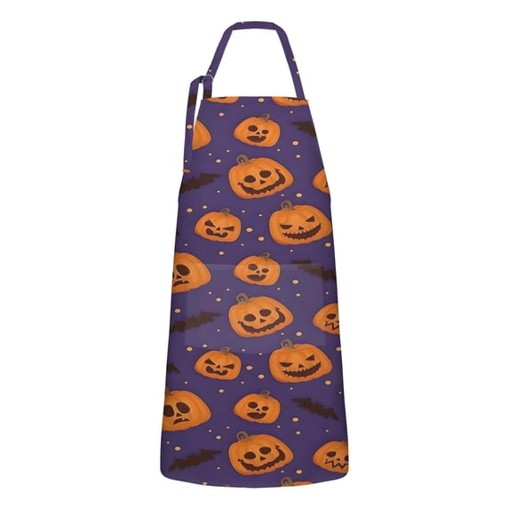 Halloween Pumpkins and Bats on Purple Apron-Garden Aprons for Women with Pockets-Cotton Linen Waterproof Kitchen Cooking Gardening Aprons Adjustable for Kitchen,Cooking,BBQ and Salon 32"x27"