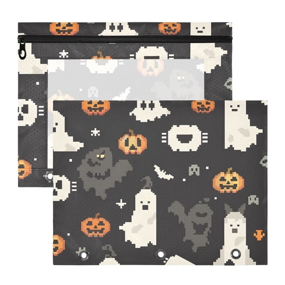 Halloween Pumpkins Bats Shadows Pixel Style 3-Ring Binder Pouches A4 Size Zipper Pocket File Storage 2 Packs