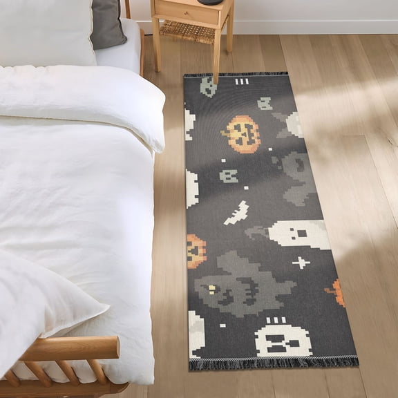 Halloween Pumpkins Bats Shadows Pixel Style Bedside Runner Rug 2'x 6' Non Slip Carpet Floor Mat Area Rug