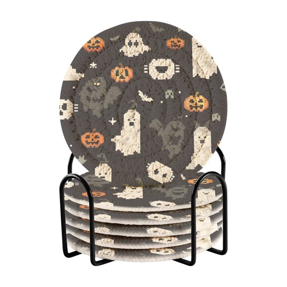 Halloween Pumpkins Bats Shadows Pixel Style Drinking Coasters Cup Mat with Holder for Kitchen Cafe Bar 6 Packs
