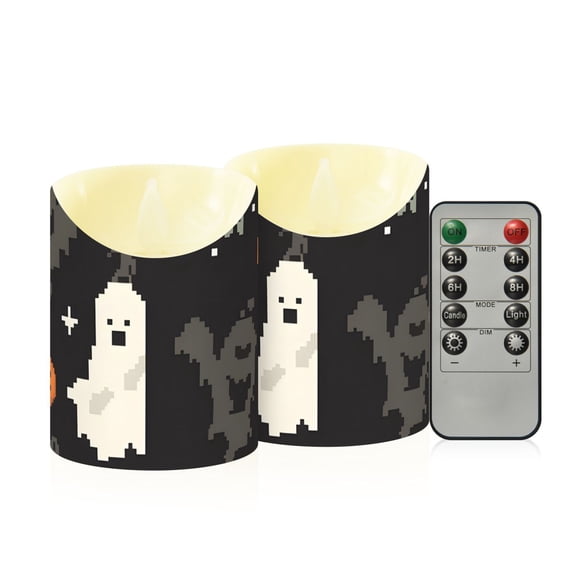 Halloween Pumpkins Bats Shadows Pixel Style Flickering Flameless Candles with Remote Timer Battery Operated LED Tealight Set of 2 S