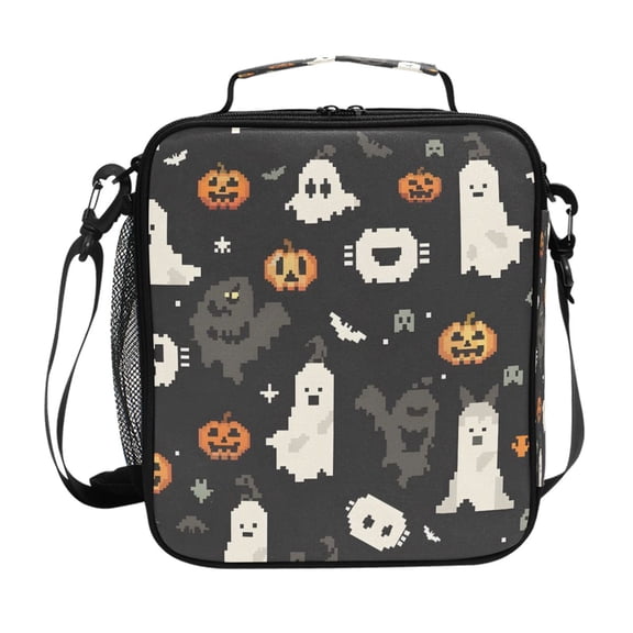 Halloween Pumpkins Bats Shadows Pixel Style Insulated Lunch Bag Reusable Lunch Box Lunch Container with Straps