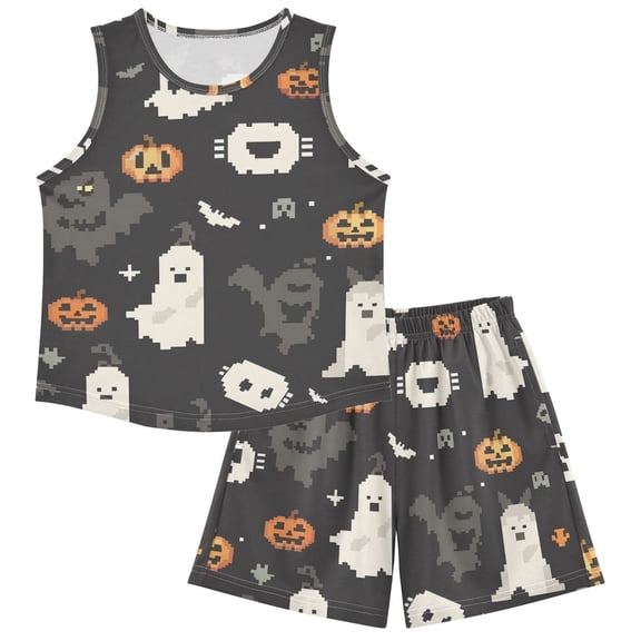 Halloween Pumpkins Bats Shadows Pixel Style Pajamas Set Sleeveless Sleepwear Tank Tops with Shorts Loose Fit Lounge Wear Unisex 11-12Y