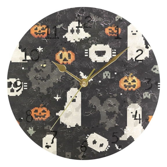 Halloween Pumpkins Bats Shadows Pixel Style Round Wall Clock Silent Analog Battery Operated Gold Pointer Home Decor 9.84" Diameter