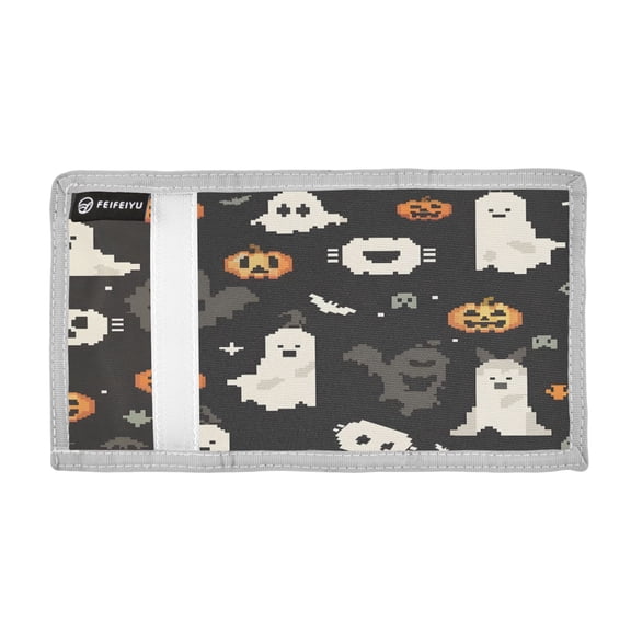 Halloween Pumpkins Bats Shadows Pixel Style Trifold Wallets Card Holders Coin Pockets with Lanyards Portable Unisex