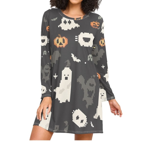 Halloween Pumpkins Bats Shadows Pixel Style Women's Long Sleeves Nightgowns Sleepwear Soft Pajama A-line Sleep Dress XL