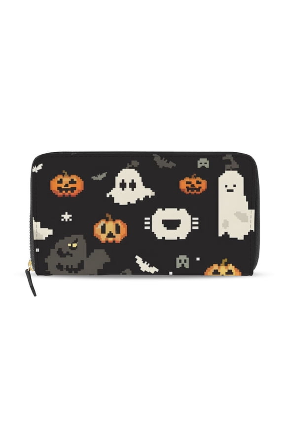 Halloween Pumpkins Bats Shadows Pixel Style Women's Long Zipper Wallet Bifold Clutch Purse PU Leather Card Cases