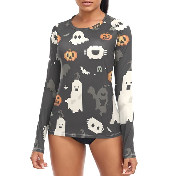 Halloween Pumpkins Bats Shadows Pixel Style Women's Rash Guard Shirts UPF 50+ Sun Protection Clothing Long Sleeve Swim Suits M