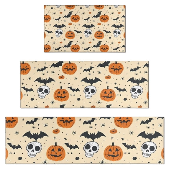 Halloween Pumpkins Bats Skulls and Spiders Kitchen Rugs Sets Of 3,Kitchen Runner Rugs Non Skid Washable,Decorative Kitchen Floor Mats for Kitchen,Sink,Laundry,17"x30"+ 17"x47" + 17"x59"