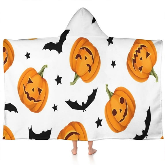Halloween Pumpkins Bats and Stars Hooded Bath Towel,60"x35" for Ages 3 To 12 Kids, Quick Dry Lightweight Soft Microfiber Hood Beach Towel Cover Up for Kids