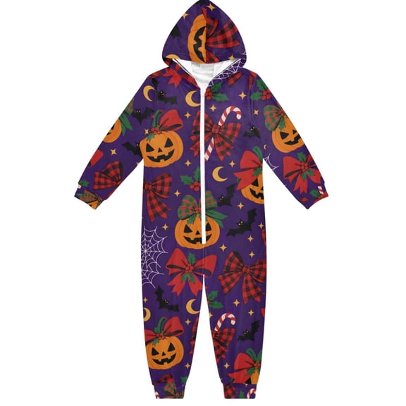 Halloween Pumpkins Bows Boys & Girls Hooded One-Piece Pajamas Warm Crystal velvet Hooded Long Sleeve Loungewear Jumpsuit Unisex
