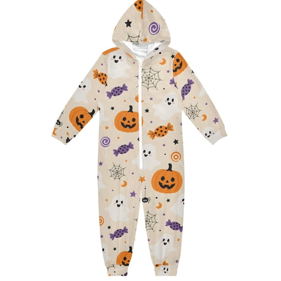 Halloween Pumpkins Boys & Girls Hooded One-Piece Pajamas Warm Crystal velvet Hooded Long Sleeve Loungewear Jumpsuit Unisex