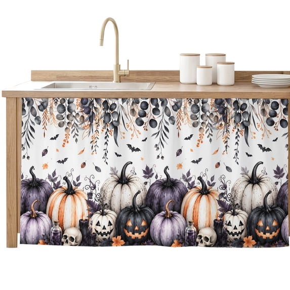 Halloween Pumpkins Cabinet Curtains 28"x51" Sink Skirt for Bathroom Kitchen, Fall Horror Scary Skull Eucalyptus Leaves Self Stick Adhesive Under Desk Covers Tall Laundry Cabinet Storage Organizer