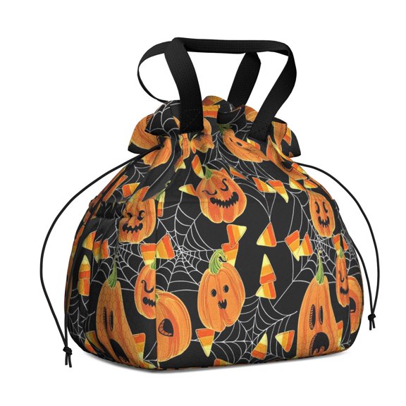 Halloween Pumpkins and Candy Corn Drawstring Lunch Bag Women - Drawstring Lunch Bag Insulated for Work Office - Stain-Resistant Large Lunchbags for Women with Multi-Pockets