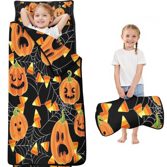 Halloween Pumpkins and Candy Corn Toddler Nap Mats for Kids Preschool,59"x22" Sleeping Mat Bag or Kids,Toddler Sleeping Bag,Toddler Nap Mat or Daycare