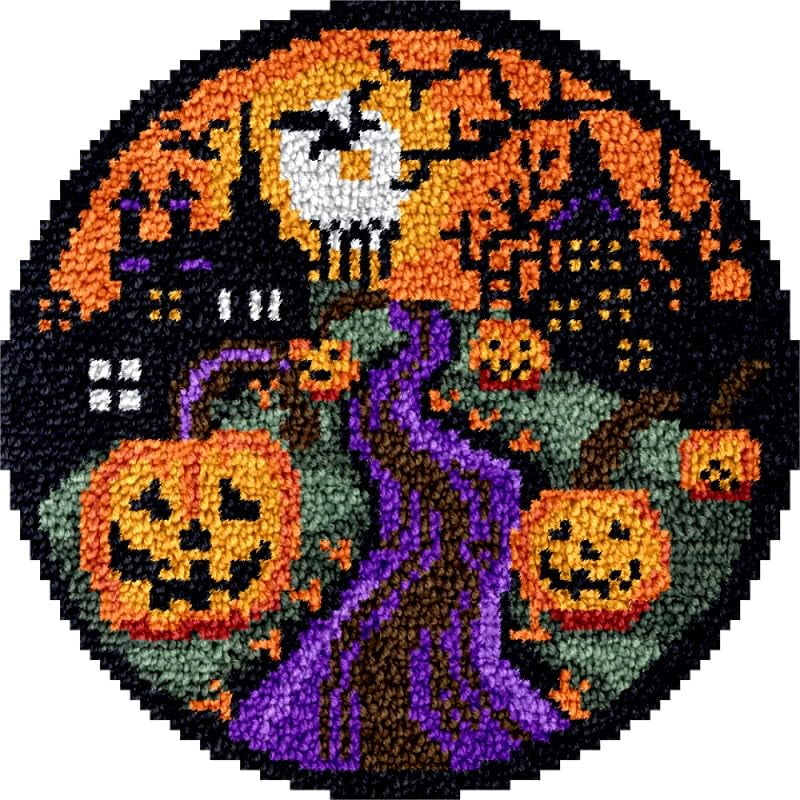 Halloween Pumpkins & Castle Round Shape Latch Hook Rug Kits Set for Starter Crochet Hook Cushion Mat Sofa Seat Cushion Crocheting Kits with Preprinted Canvas Crochet Yarn Kits 50X50CM (fi14)