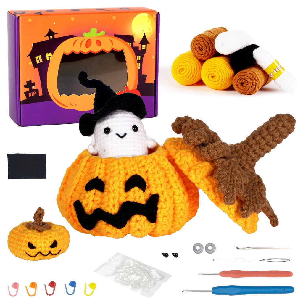 Halloween Pumpkins Crochet Set with Step-by-Step Instruction, Crochet Hook, Yarns, Knitting Needle, Beginner Crochet Set