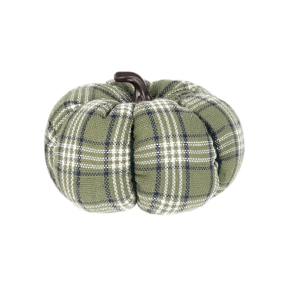 Halloween Pumpkins Decoration with Brown Hobby, 1 Piece, Green and White Checkered Fabric, for Fall Table and Shelf Display, Small Autumn Home Decor