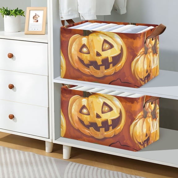 Halloween Pumpkins Foldable Storage Large Fabric Storage Baskets Organizer Storage Bins with Handles for Shelves