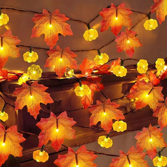 Halloween Pumpkins Garland Lights Fall Decorations, Length 118.11 in, Larger Maple Leave String Light, 30 LED Fall Lights Battery Operated Indoor Home Outdoor Halloween Decor