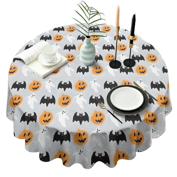 Halloween Pumpkin Ghost Bat Pattern Round Tablecloth 60"x60",Wrinkle Wipeable Table Cloth for Kitchen Dining Room Picnic Patio Party
